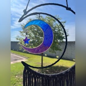 Purple Blue Glass Moon Black Macrame Wall Hanging Decoration BOHO Witchy Fairy